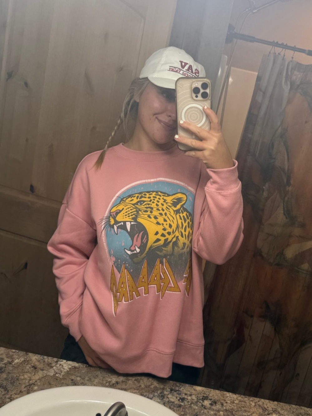 Terra & Sky Pink Crewneck Sweatshirt with Yellow Leopard Graphic